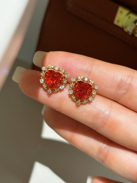 Heart-Shaped Orange Lab-Grown Gemstone with Diamond Halo Stud Earrings | 18K Gold