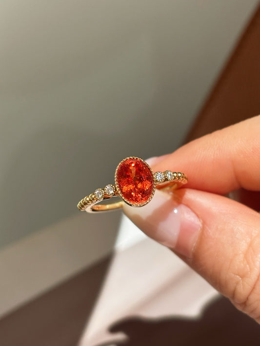 Bezel-Set Oval Orange Lab-Grown Gemstone with Diamond Accent Solitaire Ring | 18K Gold