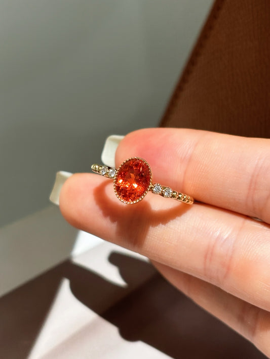 Bezel-Set Oval Orange Lab-Grown Gemstone with Diamond Accent Solitaire Ring | 18K Gold