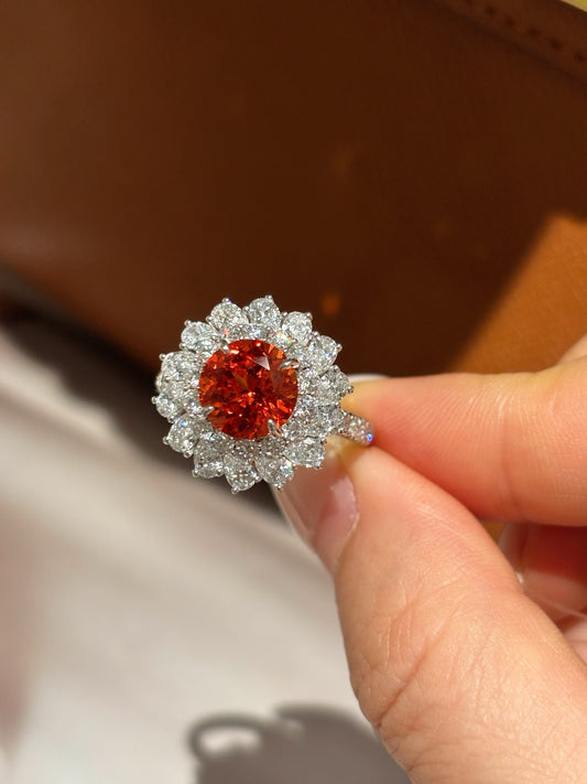 Round Orange Lab-Grown Gemstone with Diamond Double Halo & PavƩ Band Engagement Ring | 18K Gold