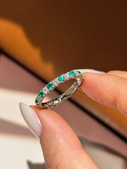 Lab-Grown Emerald & Diamond Alternating Half Eternity Band Ring | Platinum