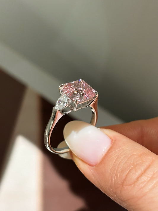 3.64 Carat Asscher-Cut Lab-Grown Pink Diamond Three-Stone Engagement Ring | 18K Gold