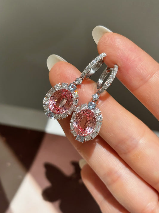Oval-Cut Pink Lab-Grown Diamond Halo Drop Hoop Earrings| 18K Gold