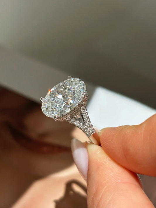 5ct Oval Cut Lab Grown Diamond Engagement Ring | Pave Split Shank | Platinum