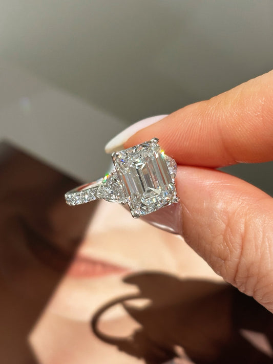 2ct Emerald Cut Lab Grown Diamond Engagement Ring | Pear Accents & PavƩ | 18K Gold