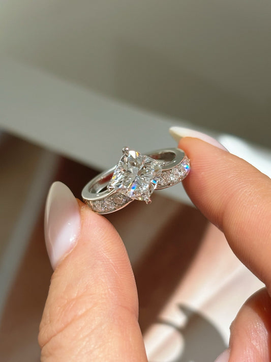 2ct Cushion Cut Lab Grown Diamond Engagement Ring | Channel-Set PavƩ Band | Platinum