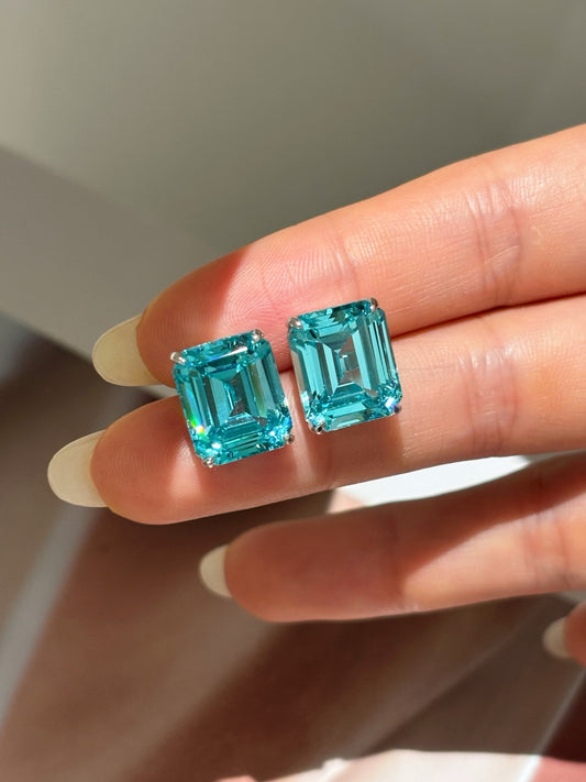 Lab-Grown Paraiba Tourmaline Style Emerald Cut Stud Earrings | 18K Gold