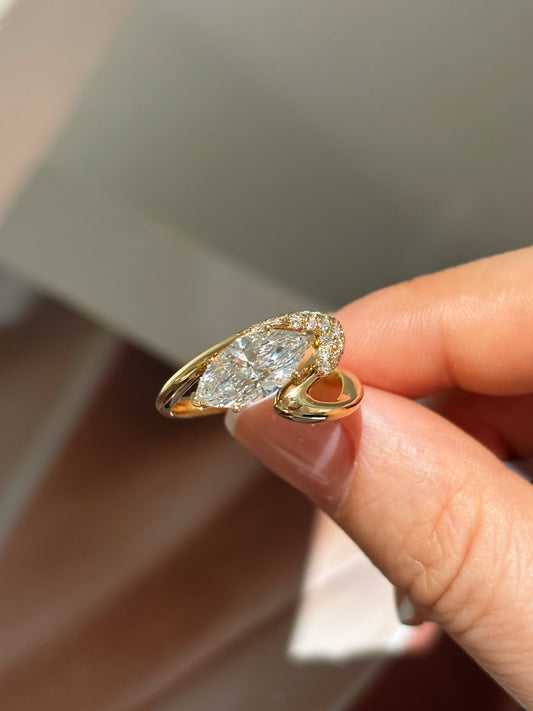 Marquise-Cut Lab-Grown Diamond Bypass Ring with PavƩ Accents | 18K Gold