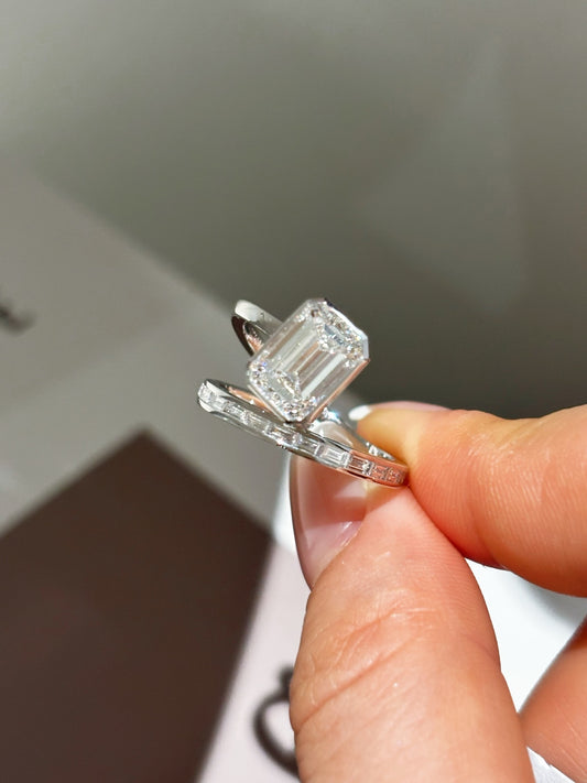 Emerald Cut Lab Grown Diamond Split Shank Engagement Ring | Baguette Side Stones Stackable | 18K Gold