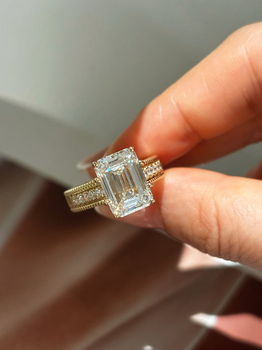 Emerald Cut Lab Grown Diamond Engagement Ring | Vintage Milgrain Side Stones | 18K Gold