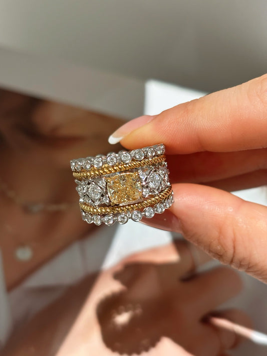 Cushion Fancy Yellow Lab Grown Diamond Vintage Filigree Multi Layer Wedding Anniversary RingTwo Tone Gold Wide Statement Band,