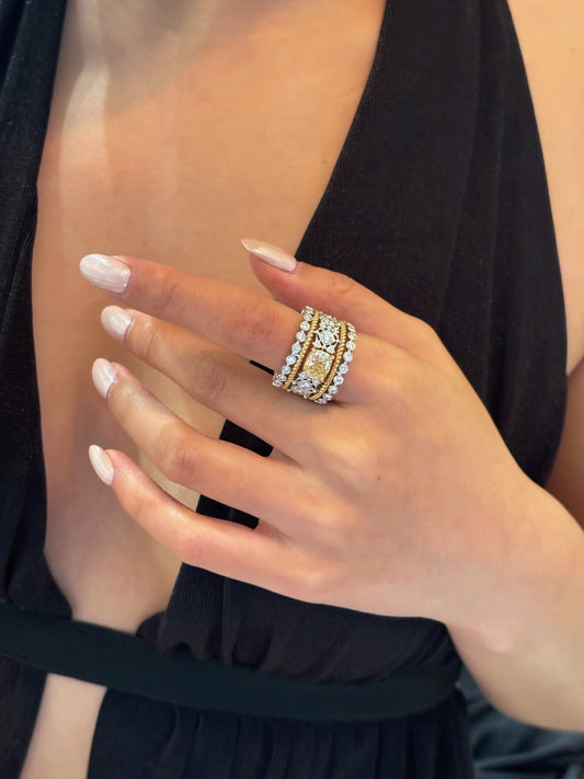 Cushion Fancy Yellow Lab Grown Diamond Vintage Filigree Multi Layer Wedding Anniversary RingTwo Tone Gold Wide Statement Band,