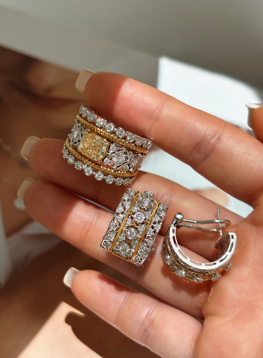 Two Tone White & Yellow Vintage Filigree Hoop Earrings | Multi Row Pave Wide | 18K Gold