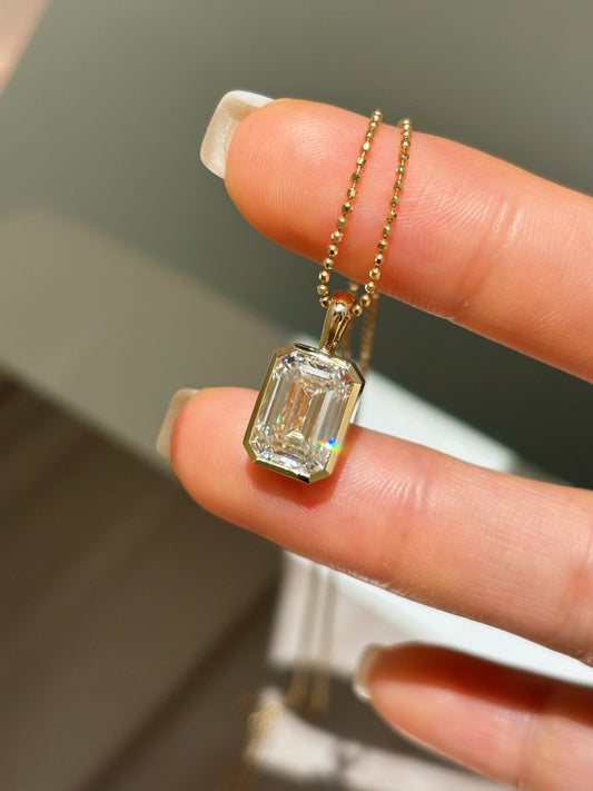 Emerald Cut Lab Grown Diamond Bezel Set Pendant Necklace | West East | 18K Gold