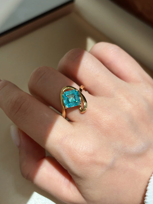 Square Asscher Cut Paraiba Lab Grown Gemstone Solitaire Ring | Abstract Twist Open Shank | Solid 18K Yellow Gold