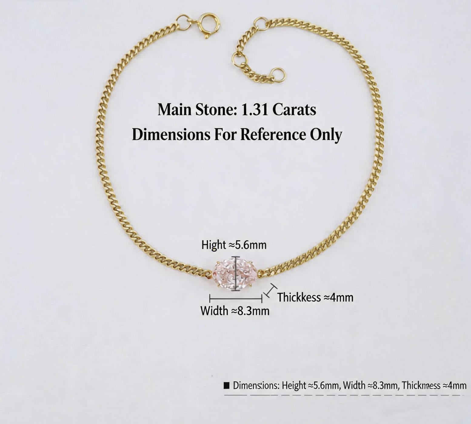 18K Solid Gold 1.31CT Oval Lab Grown Pink Diamond Cuban Chain Bracelet