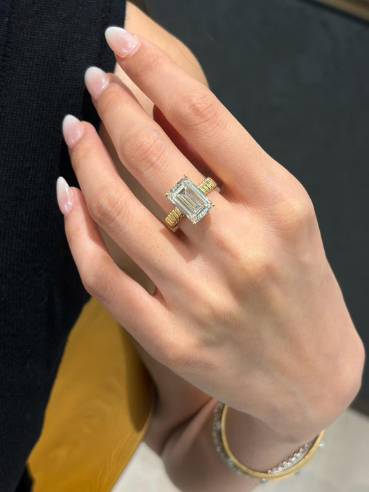 7Carat Emerald Cut Lab Grown Diamond Ribbed Solitaire Ring | 18K Yellow Gold