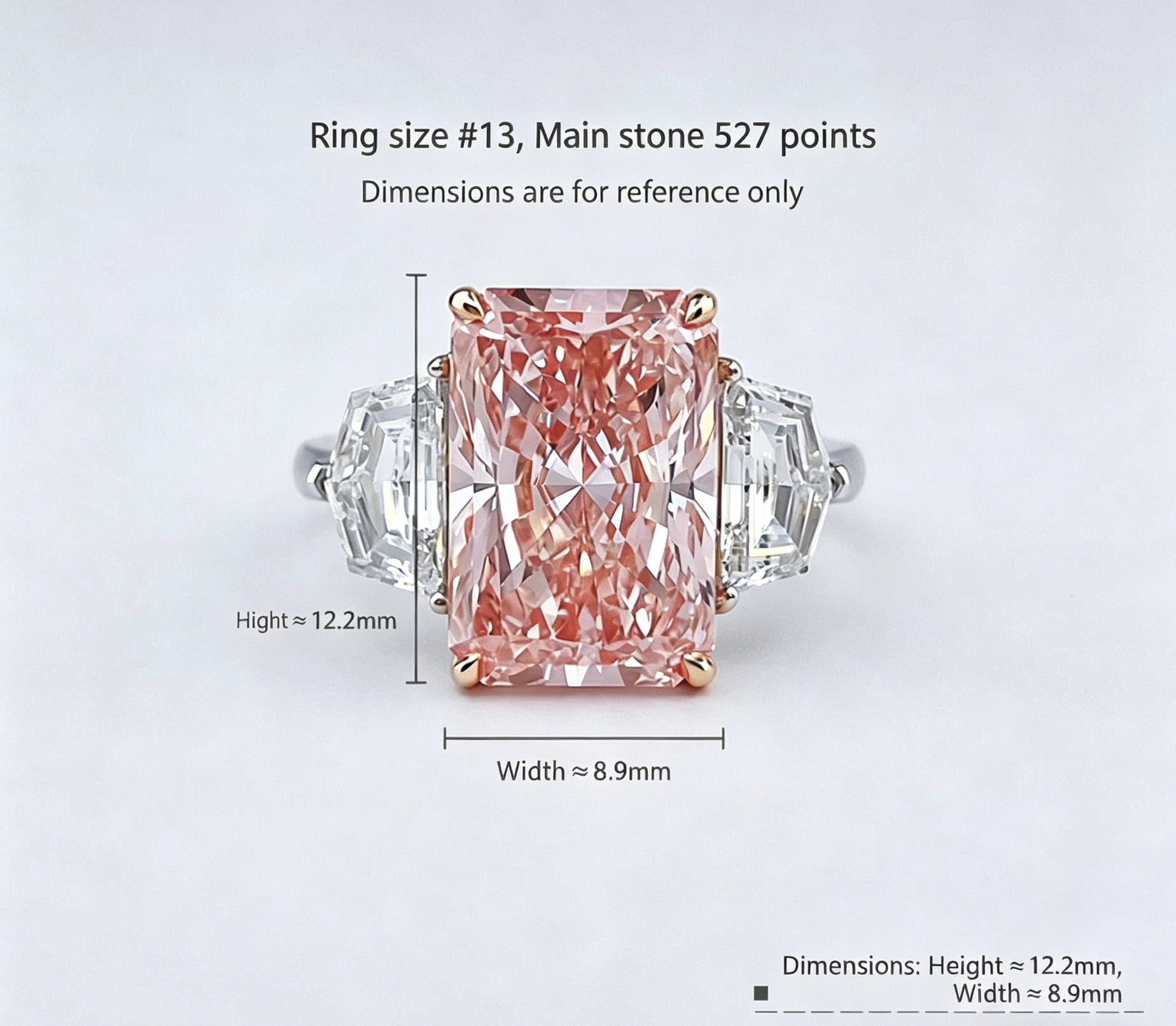 Luxury Two-Tone Blush Pink Lab Diamond Three-Stone Statement Engagement Ring| 18K Yellow Gold