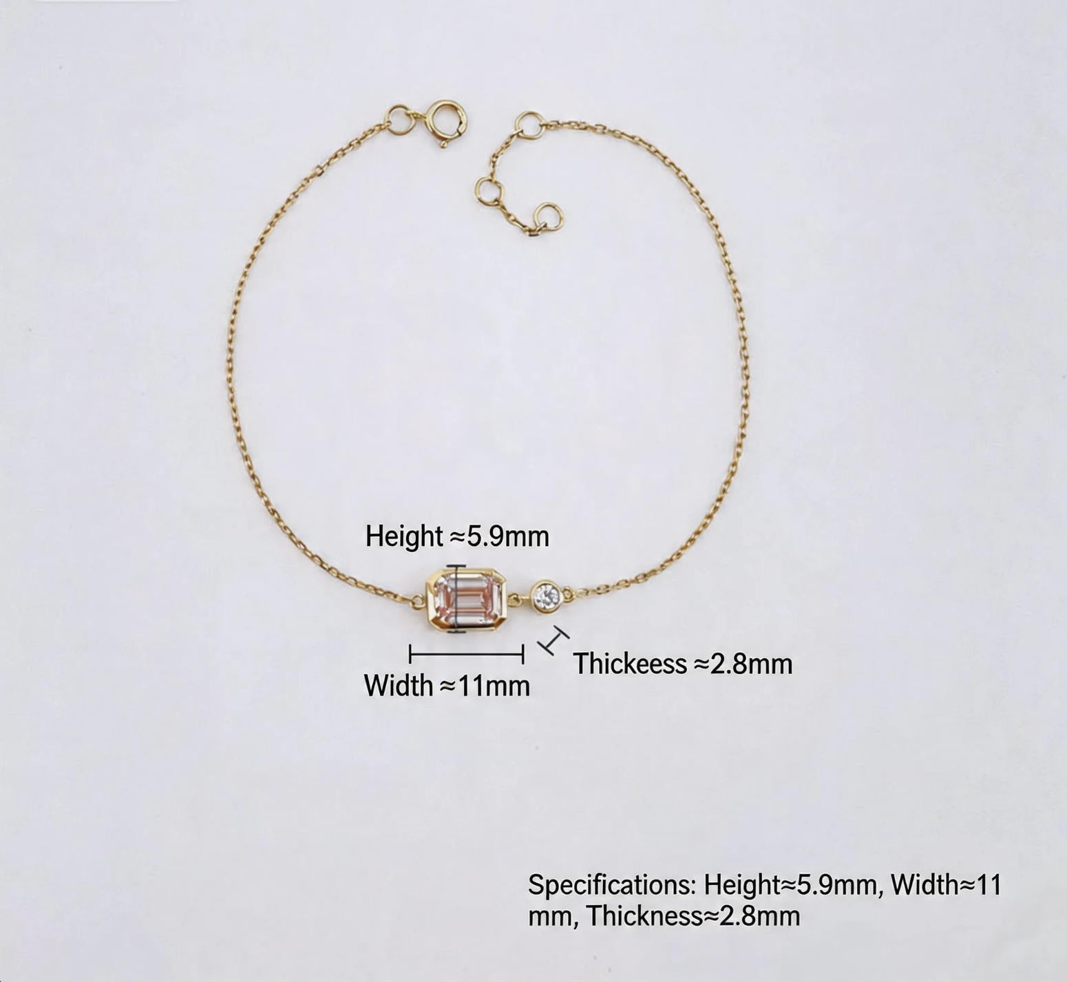 Emerald Cut Bezel Set Lab Grown Pink Diamond Two Stone Dainty Chain Bracelet| 18K Gold