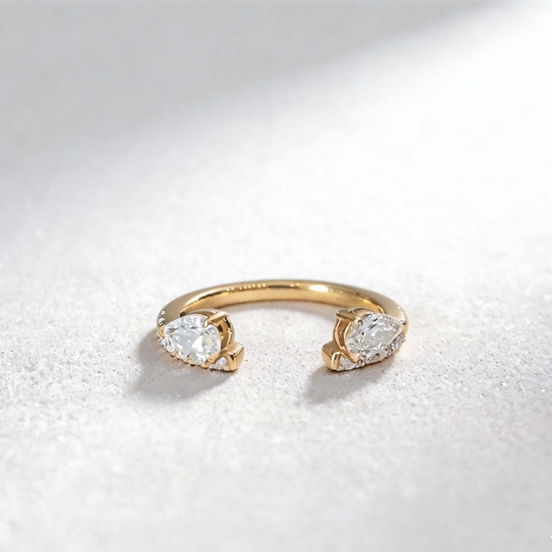 Open-End Pear Cut Diamond Ring | Half Pavé Band | 18K Yellow Gold