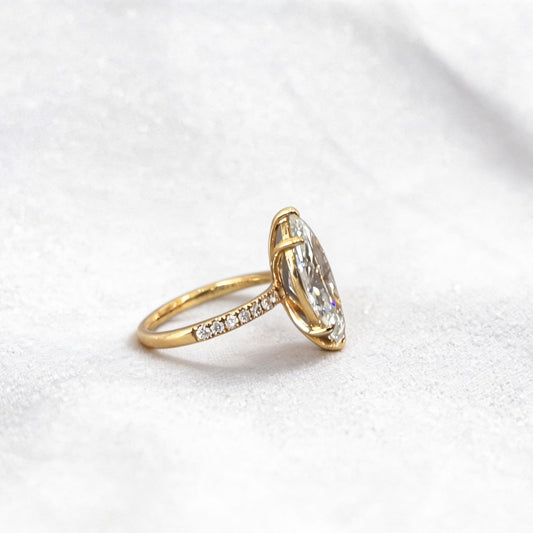 Marquise Cut Lab Diamond Ring | Clover-Shank Band | Half Eternity Accent | Unique Design