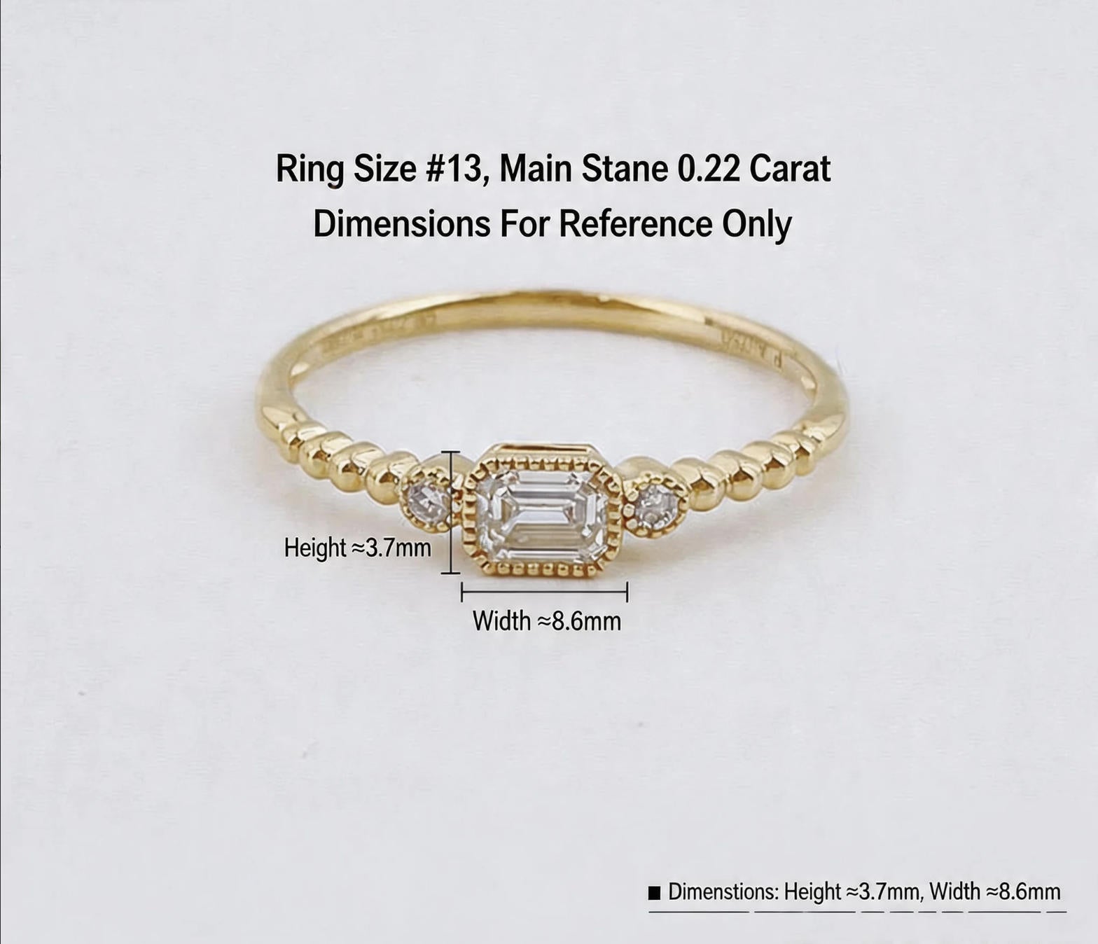 Emerald Cut Lab Grown Diamond With Round Accent Stones Beaded Band Stackable Ring | 18K Yellow Gold