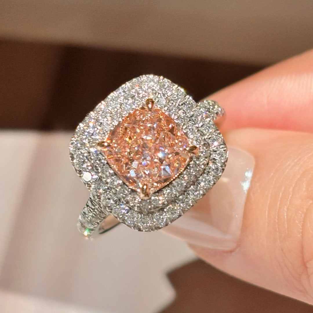 2.15 Carat 6.72g 18K Gold | Cushion Cut Pink Lab-Grown Diamond Ring | 6.72g 18K Gold | Vintage Half-Halo Design