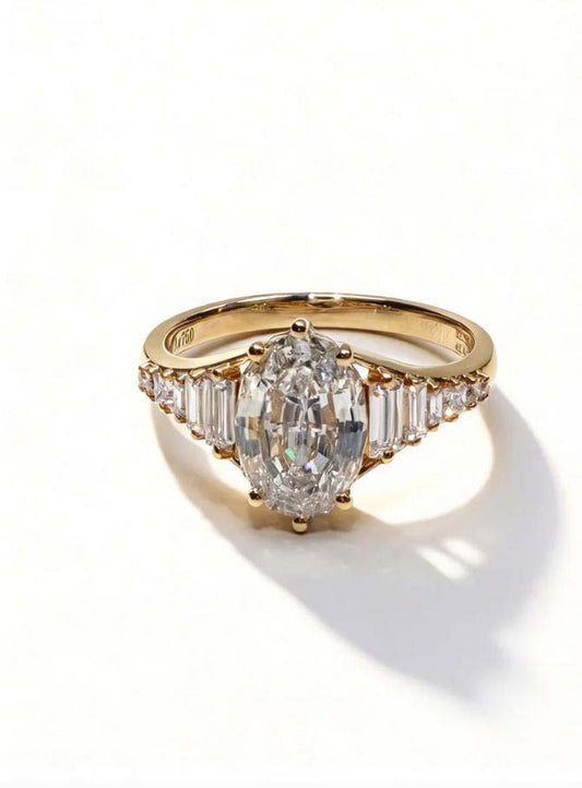 Oval Lab Grown Diamond Ring | Baguette Side Stone Vintage Bridal | 18K Gold