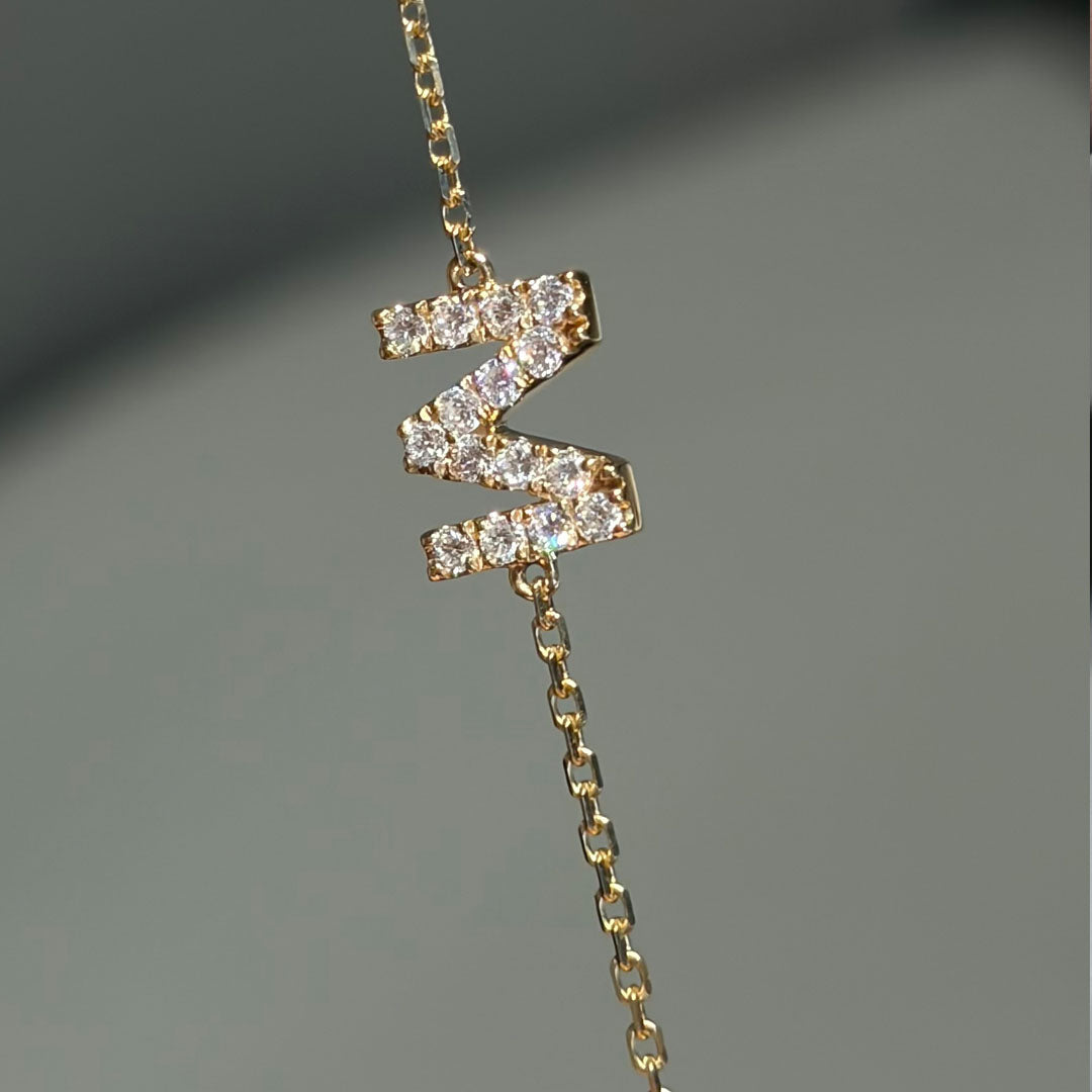 M' Initial Pendant Bracelet with LAB Diamond | 18K Gold Minimalist Letter Jewelry