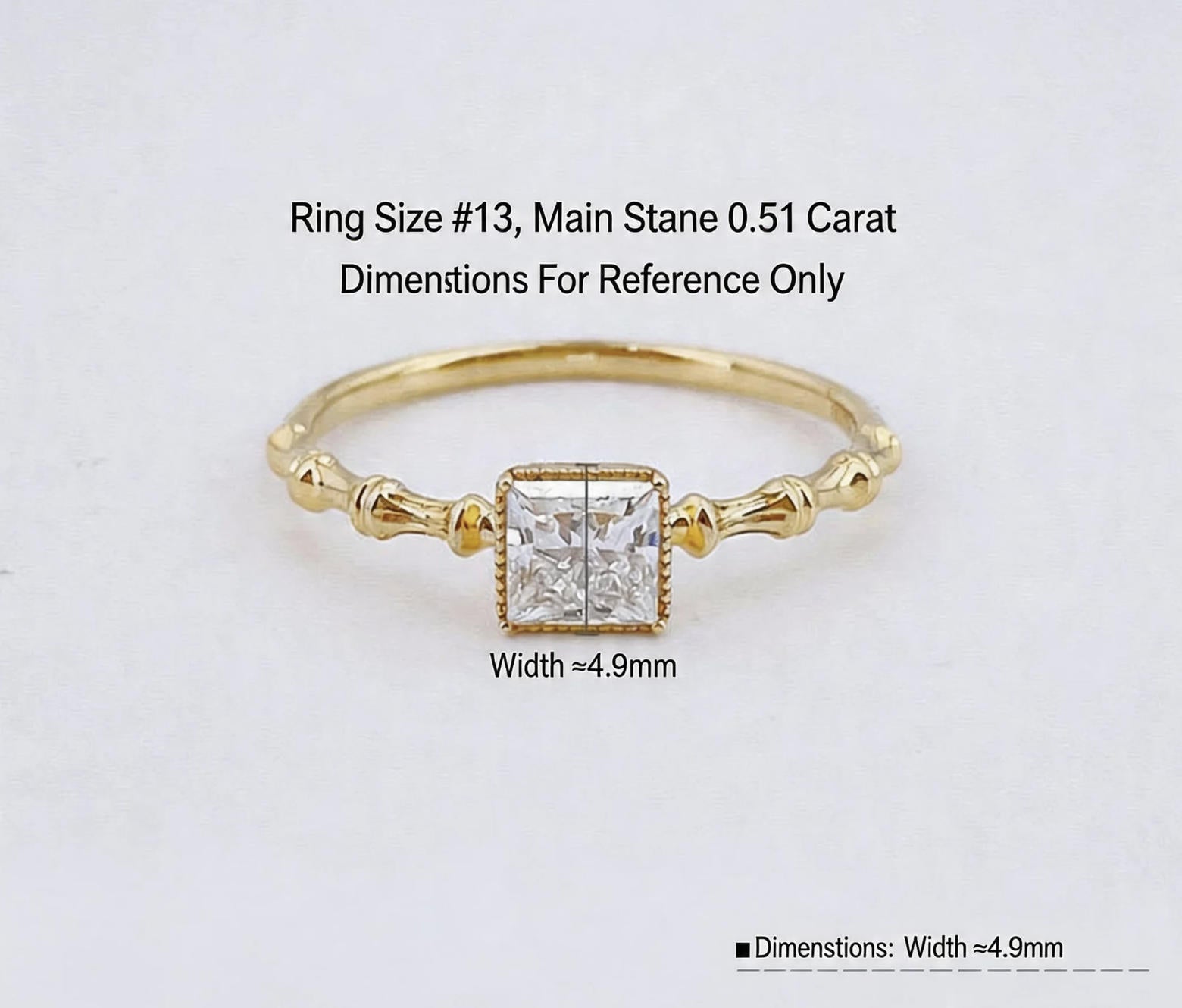 Princess Cut Lab Grown Diamond Bamboo Textured Band Minimalist Stackable Ring | 18K Yellow Gold