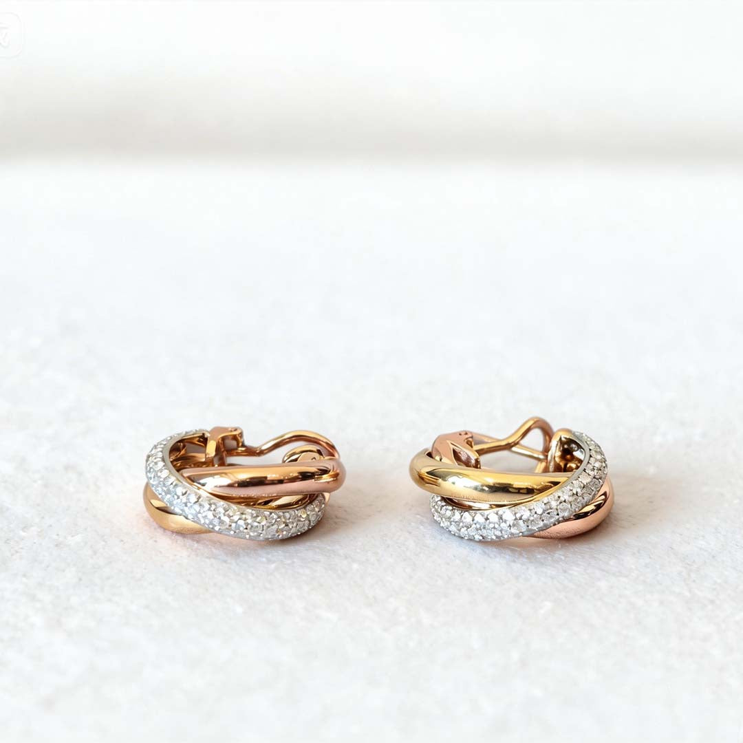 Triple Hoop Earrings | Full Diamond, Rose Gold & Yellow Gold | 18K Gold | Elegant Stackable Design