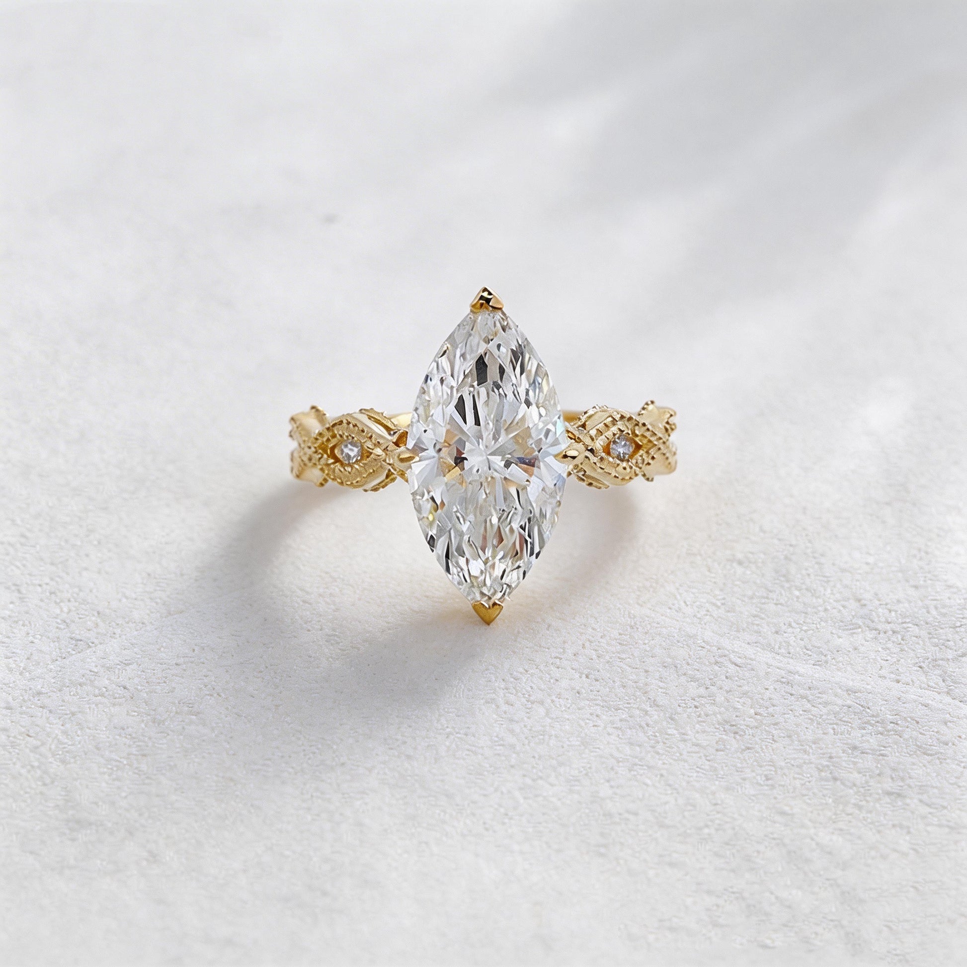Marquise Lab Diamond Ring | Floral Prong & Engraved Band | Pear Side Stones | 18K Gold