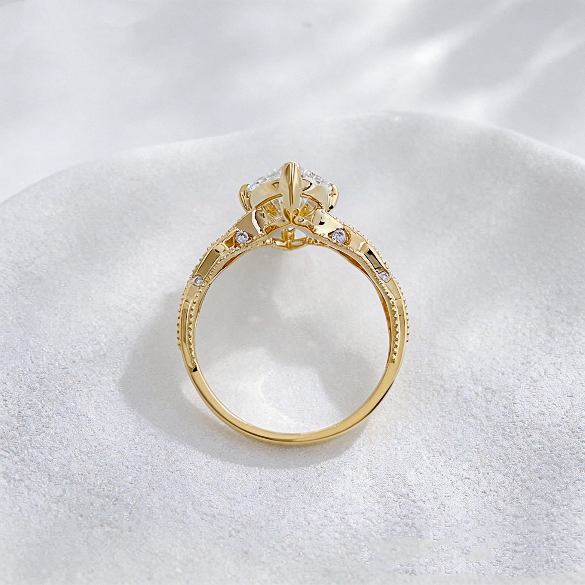 Marquise Lab Diamond Ring | Floral Prong & Engraved Band | Pear Side Stones | 18K Gold