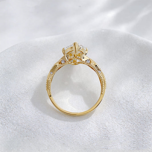 Marquise Lab Diamond Ring | Floral Prong & Engraved Band | Pear Side Stones | 18K Gold