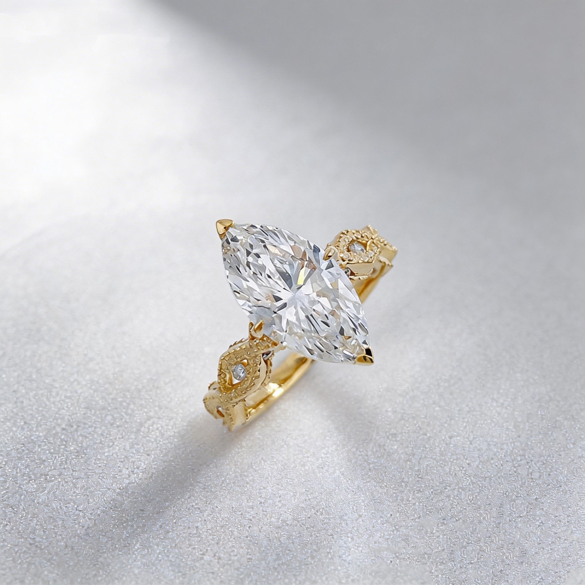 Marquise Lab Diamond Ring | Floral Prong & Engraved Band | Pear Side Stones | 18K Gold