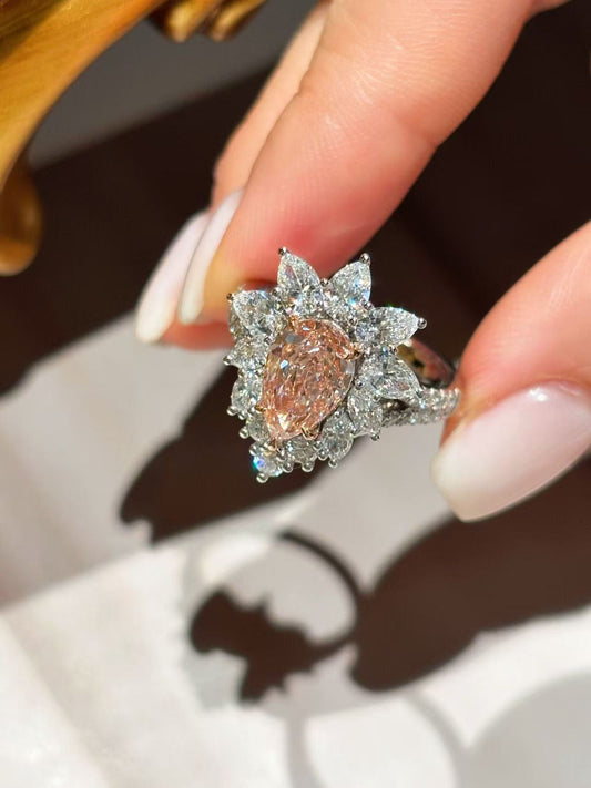 Luxe Blush Pink Diamond Starburst Statement Ring | Sparkling Floral Halo Design | 18K Gold