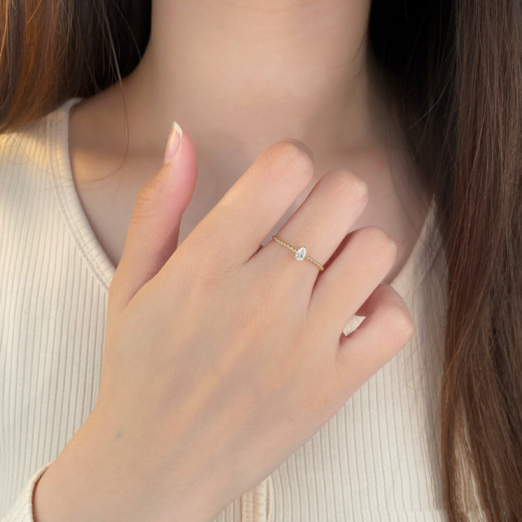 Dainty Twist Rope Pear Lab Created Diamond Minimalist Everyday Ring| 18K Yellow Gold