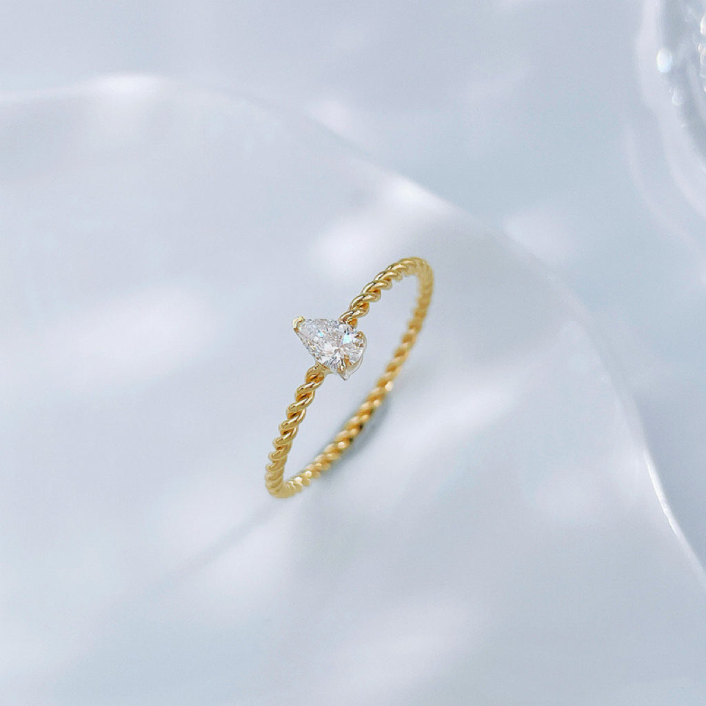 Dainty Twist Rope Pear Lab Created Diamond Minimalist Everyday Ring| 18K Yellow Gold