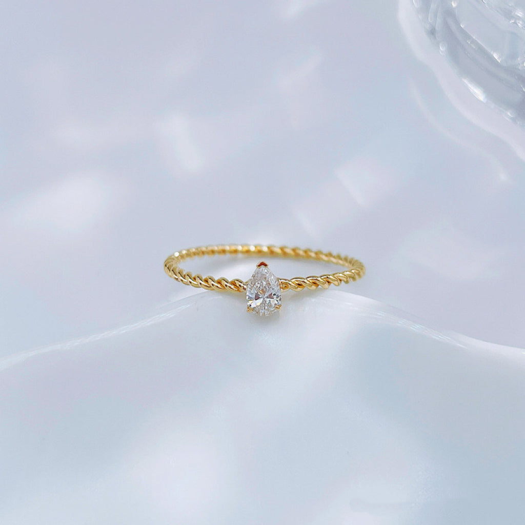 Dainty Twist Rope Pear Lab Created Diamond Minimalist Everyday Ring| 18K Yellow Gold