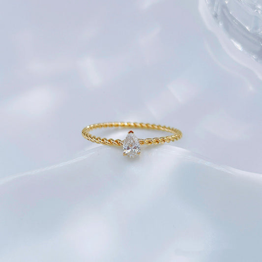 Dainty Twist Rope Pear Lab Created Diamond Minimalist Everyday Ring| 18K Yellow Gold