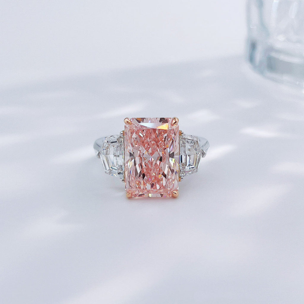 Luxury Two-Tone Blush Pink Lab Diamond Three-Stone Statement Engagement Ring| 18K Yellow Gold