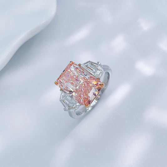Luxury Two-Tone Blush Pink Lab Diamond Three-Stone Statement Engagement Ring| 18K Yellow Gold
