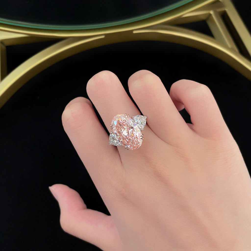 10ct Two-Tone Oval Cut Fancy Pink Lab-Grown Diamond Three-Stone Ring| 18K Gold
