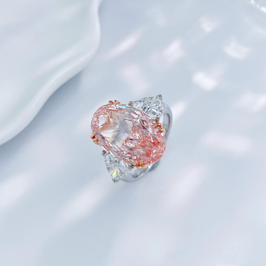 10ct Two-Tone Oval Cut Fancy Pink Lab-Grown Diamond Three-Stone Ring| 18K Gold