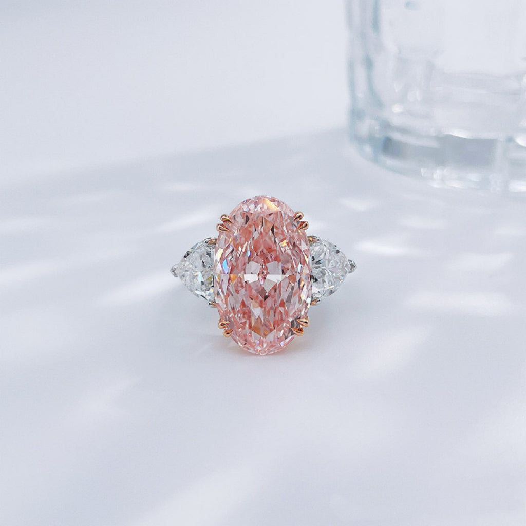 10ct Two-Tone Oval Cut Fancy Pink Lab-Grown Diamond Three-Stone Ring| 18K Gold