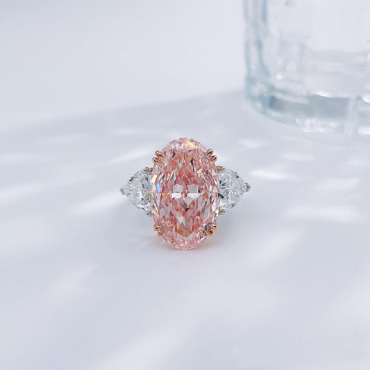 10ct Two-Tone Oval Cut Fancy Pink Lab-Grown Diamond Three-Stone Ring| 18K Gold