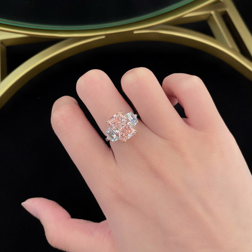 Luxury Two-Tone Blush Pink Lab Diamond Three-Stone Statement Engagement Ring| 18K Yellow Gold