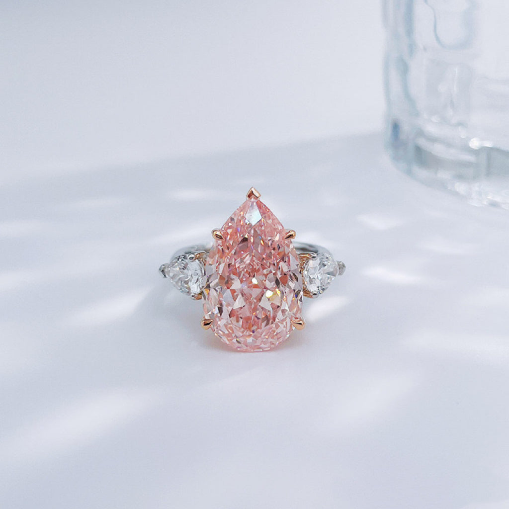 Luxury Two-Tone Blush| Pink Lab Diamond Pear Cut Statement Engagement Ring| 18K Yellow Gold