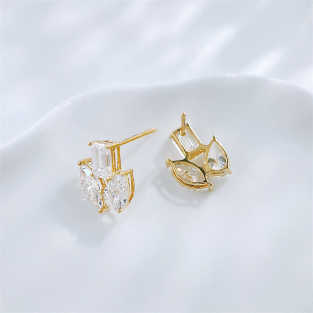 Emerald & Pear Cut Lab Diamond Cluster Studs | Everyday Luxury Earrings |18K Gold