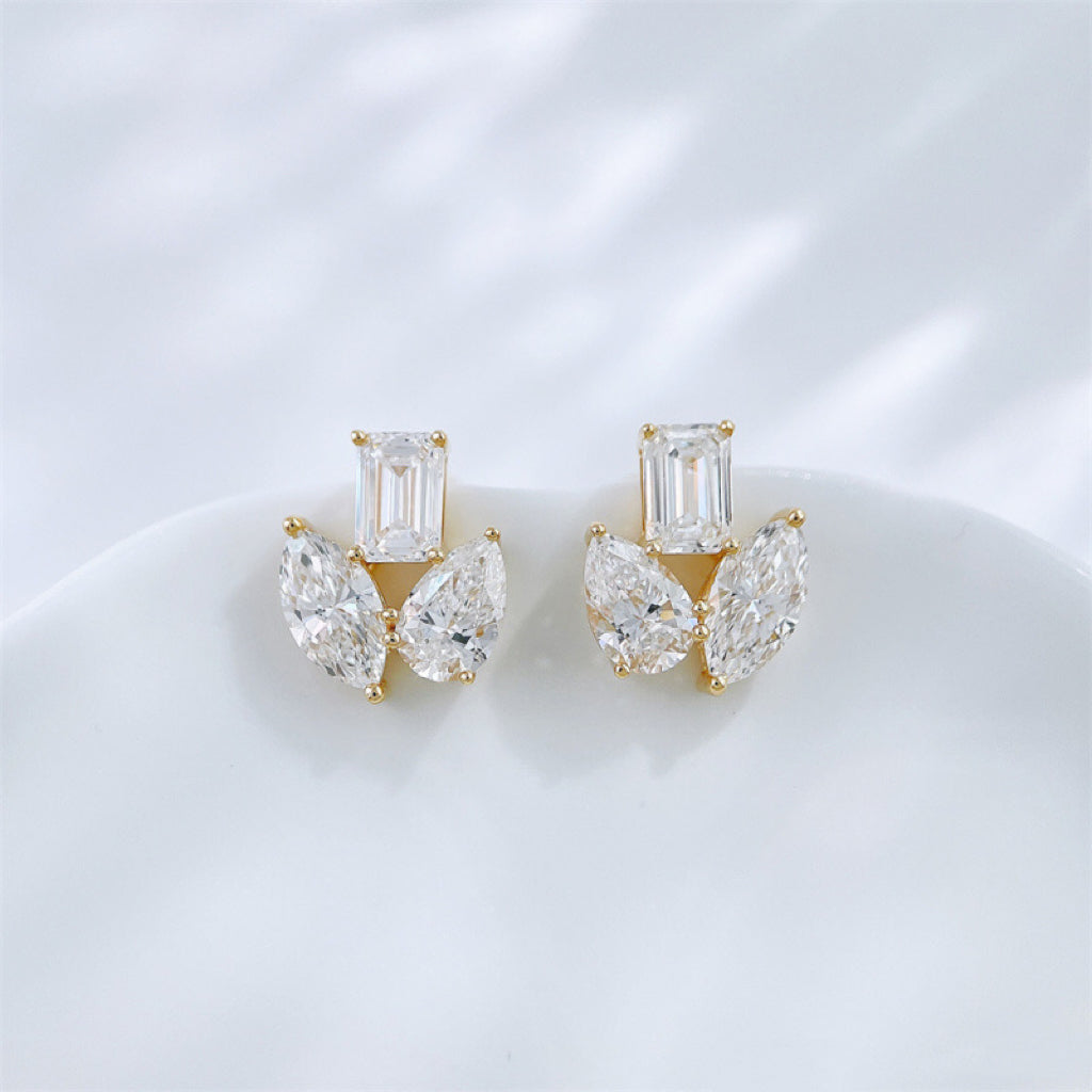 Emerald & Pear Cut Lab Diamond Cluster Studs | Everyday Luxury Earrings |18K Gold